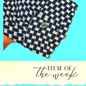 Ann Taylor Blouse XXL Navy & White Geometric Print Button-Down